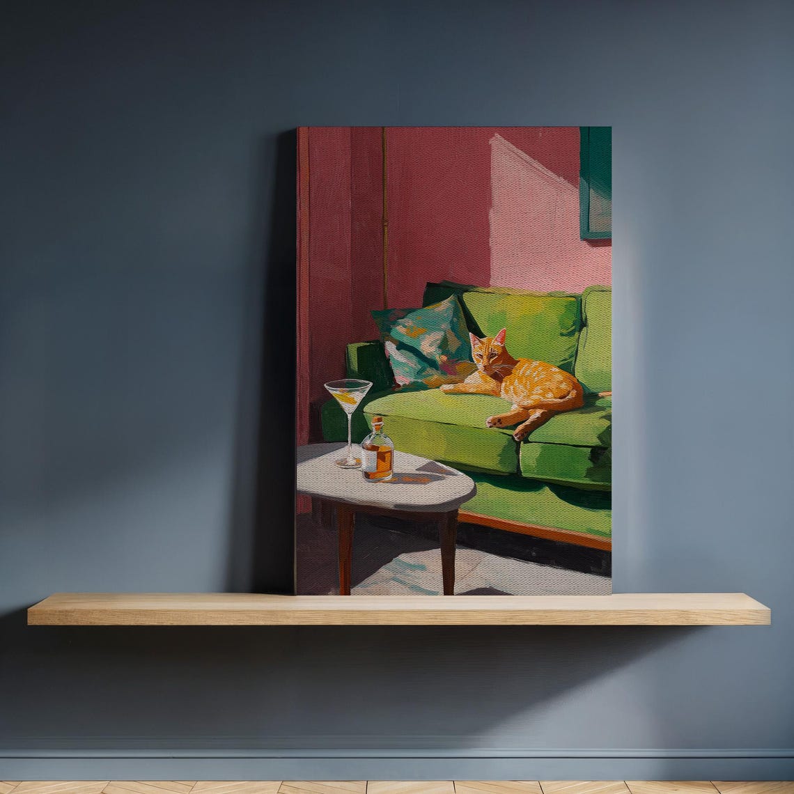 Orange Cat On Green Sofa Retro Cocktail Lounge Canvas Wall Art