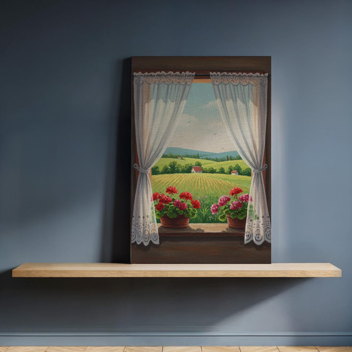 Rustic Countryside Window View Geraniums Farmhouse Canvas Poster