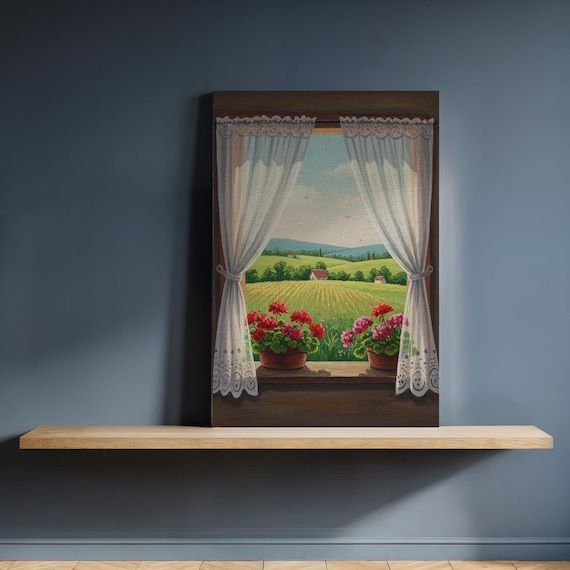 Rustic Countryside Window View Geraniums Farmhouse Canvas Poster