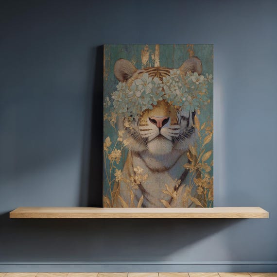 Floral Tiger Canvas Wall Art Elegant White With Flowers Over Eyes Framed Mystical Animal Decor For Bedroom Kitchen Or Gift Her