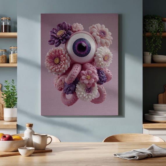 Surreal Eye And Octopus Canvas Wall Art Pink Floral Tentacle Fantasy Print Trippy Pop For Living Room Office Or Gallery Space