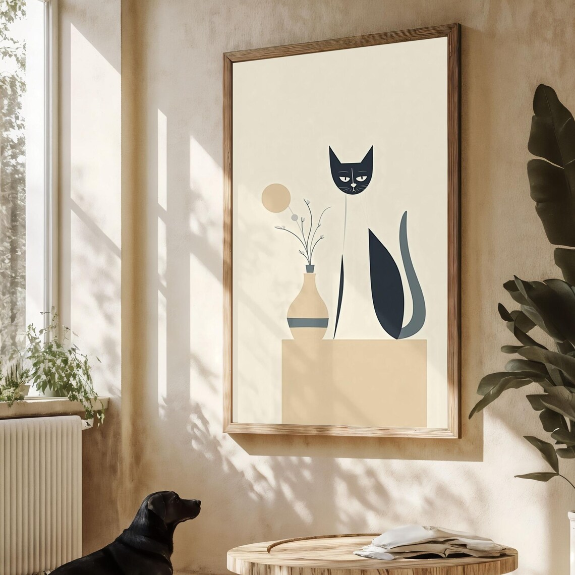 Minimalist Cat Illustration With Vase, Mid-Century - Image 3