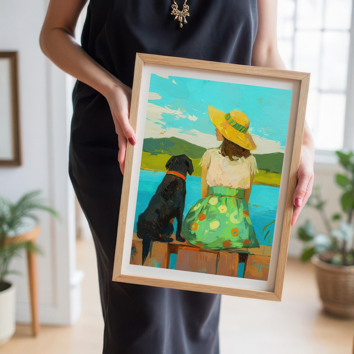 Woman and Black Dog Relaxing Together by the Lake Summer Poster