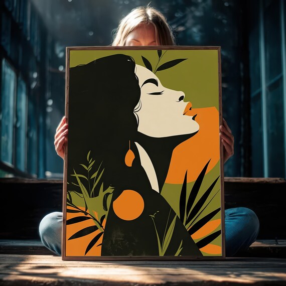 Woman Portrait Tropical Leaves Bold Orange Green Modern Art Poster