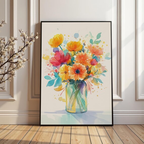 Colorful Watercolor Floral Bouquet In Glass Jar Spring Poster
