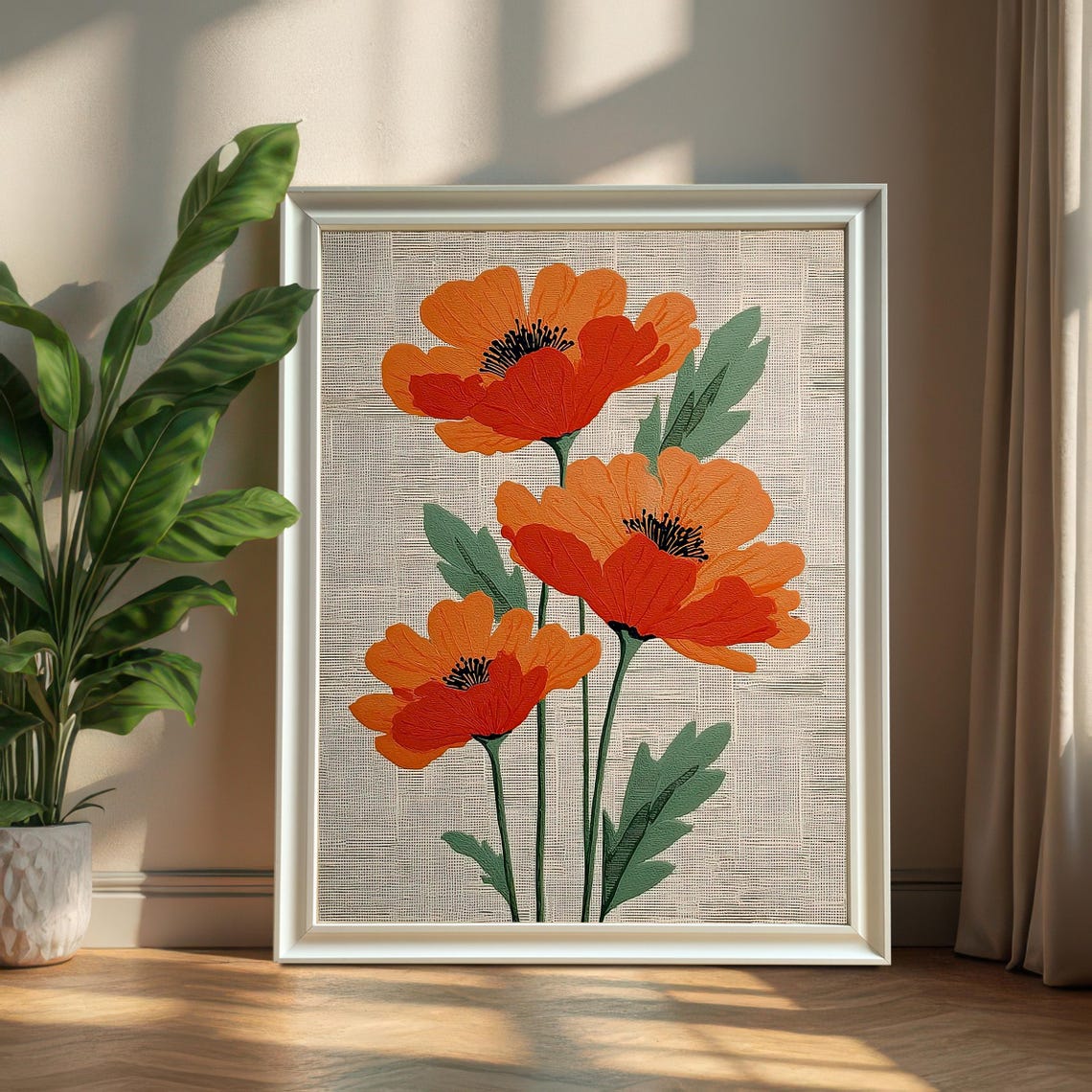 Warm Orange Poppy Flowers Botanical Linen Floral Painting Poster