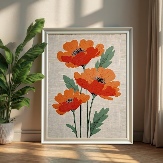 Warm Orange Flower Art Painting Print Wood Framed Floral Wall Decor Botanical Giclee Poster