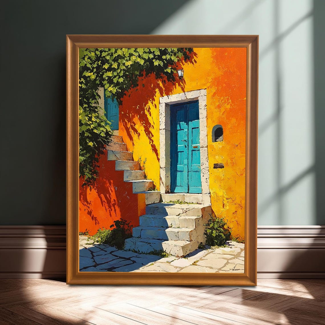 Mediterranean Blue Door On Orange Villa Wall With Stone Steps Poster