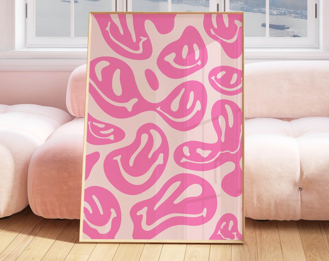 Pink Smiley Face Trippy Groovy Happy Preppy Funky Dorm Room Poster
