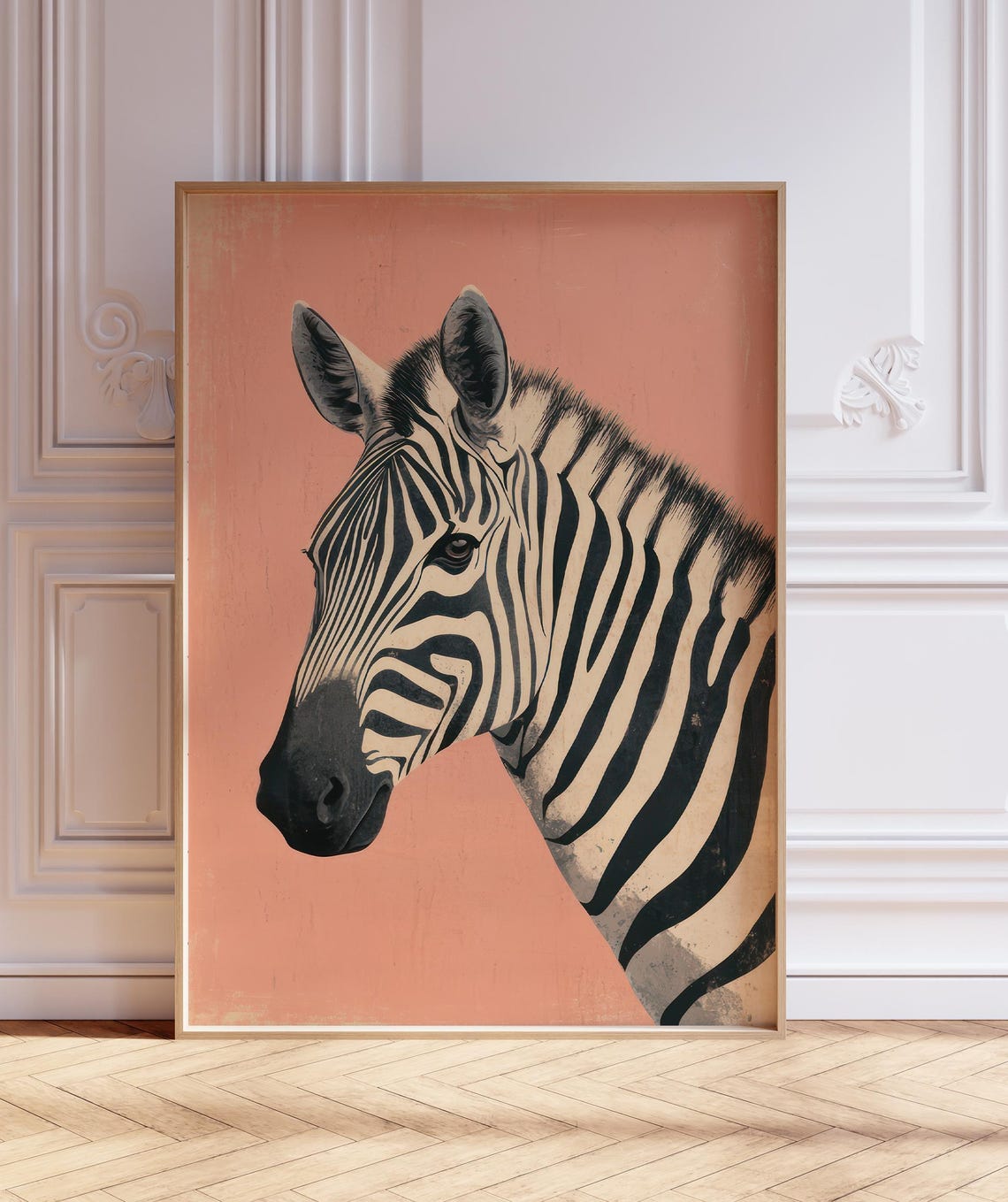 Zebra Head Profile On Coral Background Retro Safari Style Print