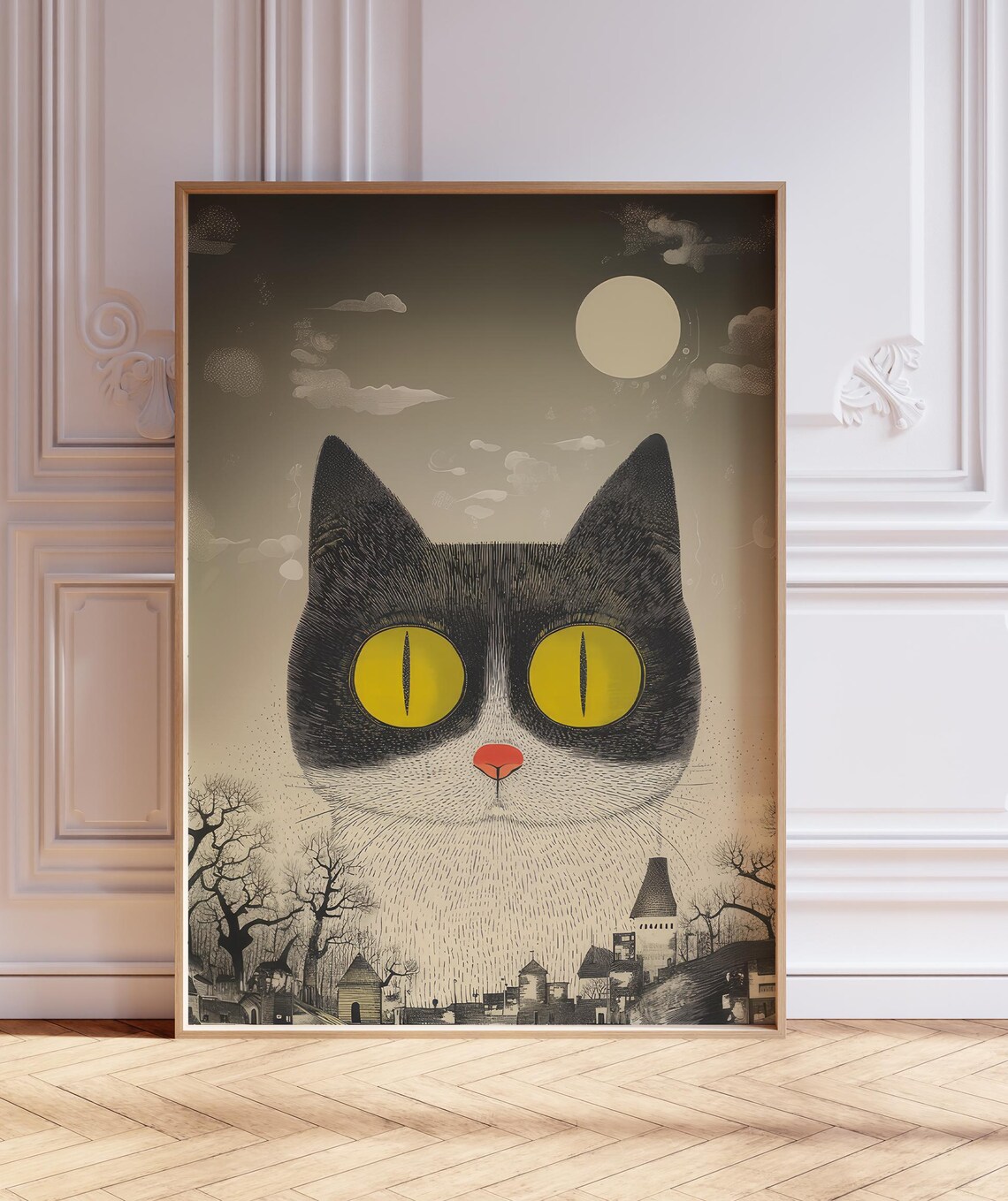 Giant Cat Over Moonlit Cat Town Japanese Fantasy Illustration Poster