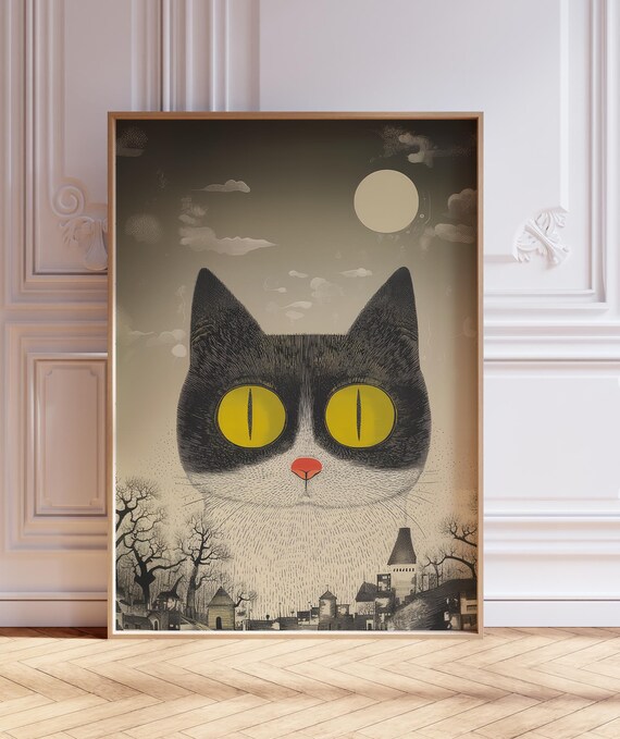 Giant Cat Over Moonlit Cat Town Japanese Fantasy Illustration Poster