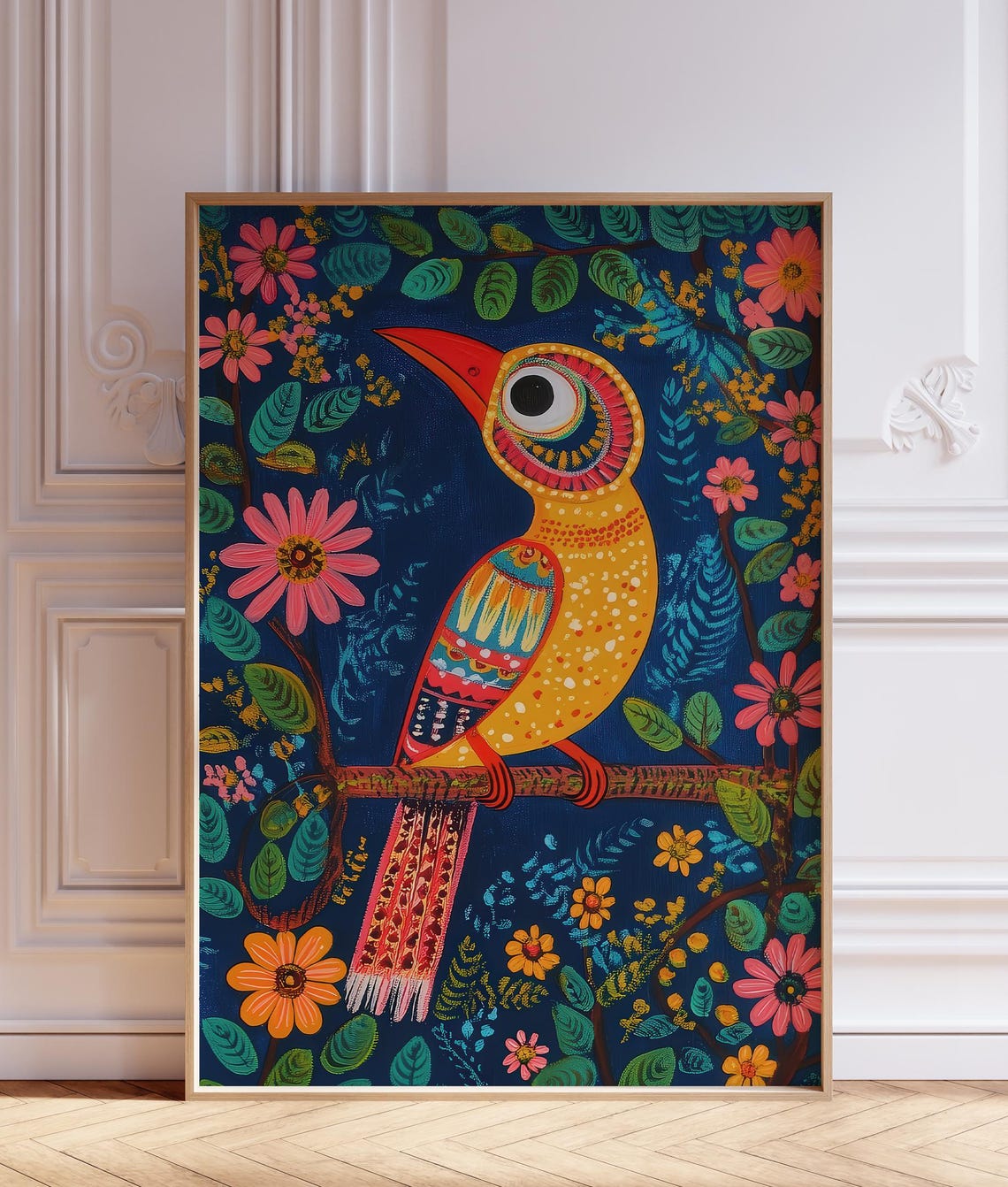 Mithila Big Eyed Bird Indian Folk Art Colorful Jungle Night Poster - Image 2