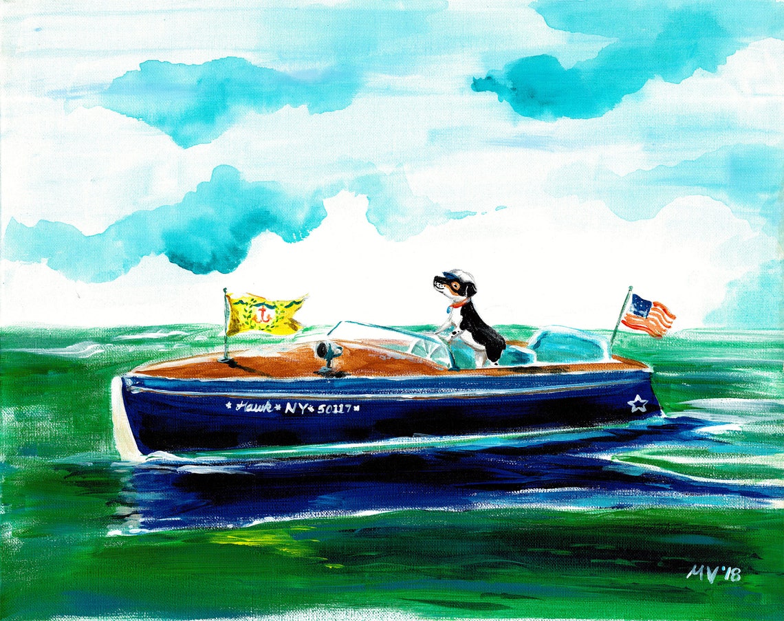 Dog Driving Blue Boat Hawk NY 5017 Nautical Ocean Art Poster