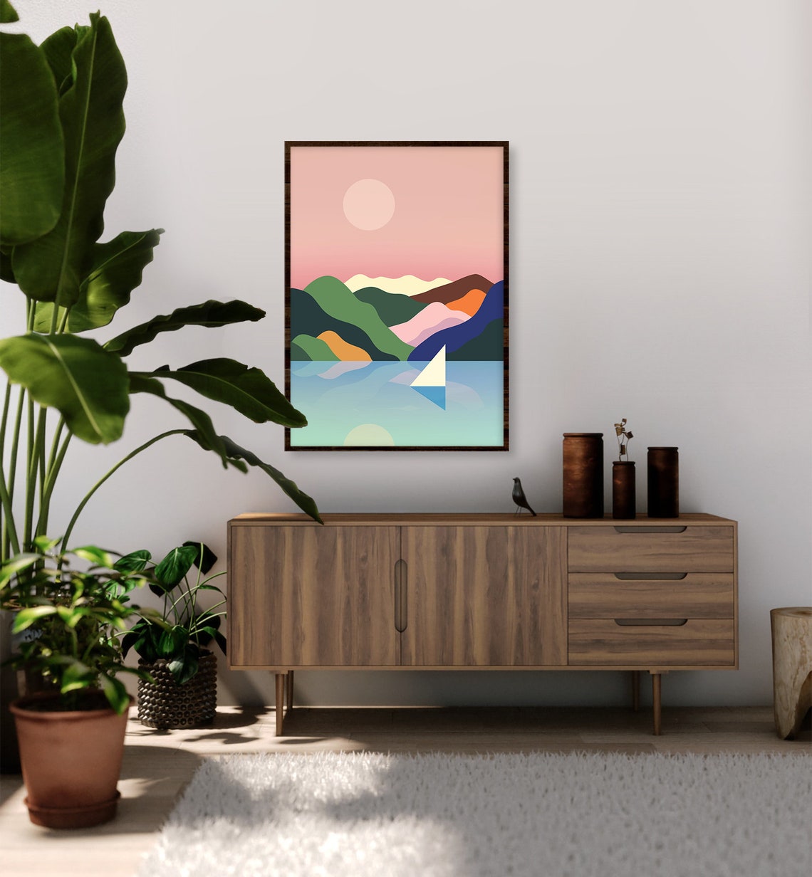 Colorful Geometric Sailboat Mountain Lake Sunset Sailing Art Poster - Image 3