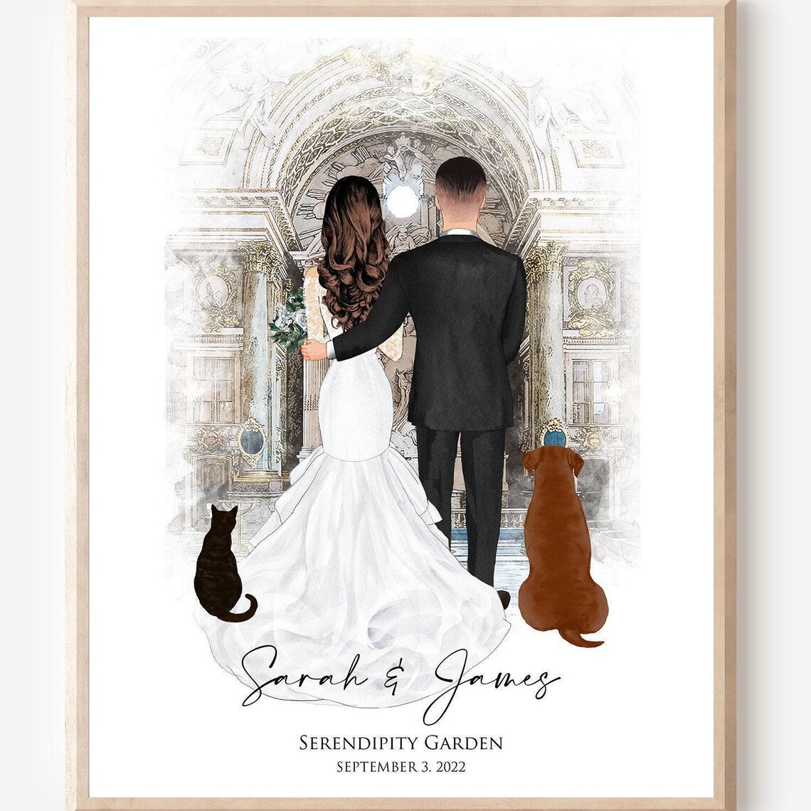 Wedding Couple With Dog and Altar Background Art Print