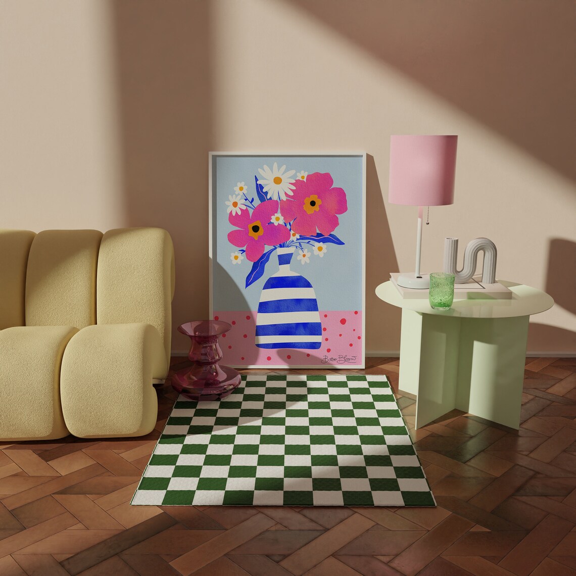 Maximalist Pink Flowers in a Striped Vase Art Print - Image 5