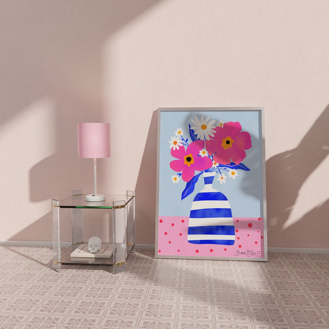 Maximalist Pink Flowers in a Striped Vase Art Print - Image 3