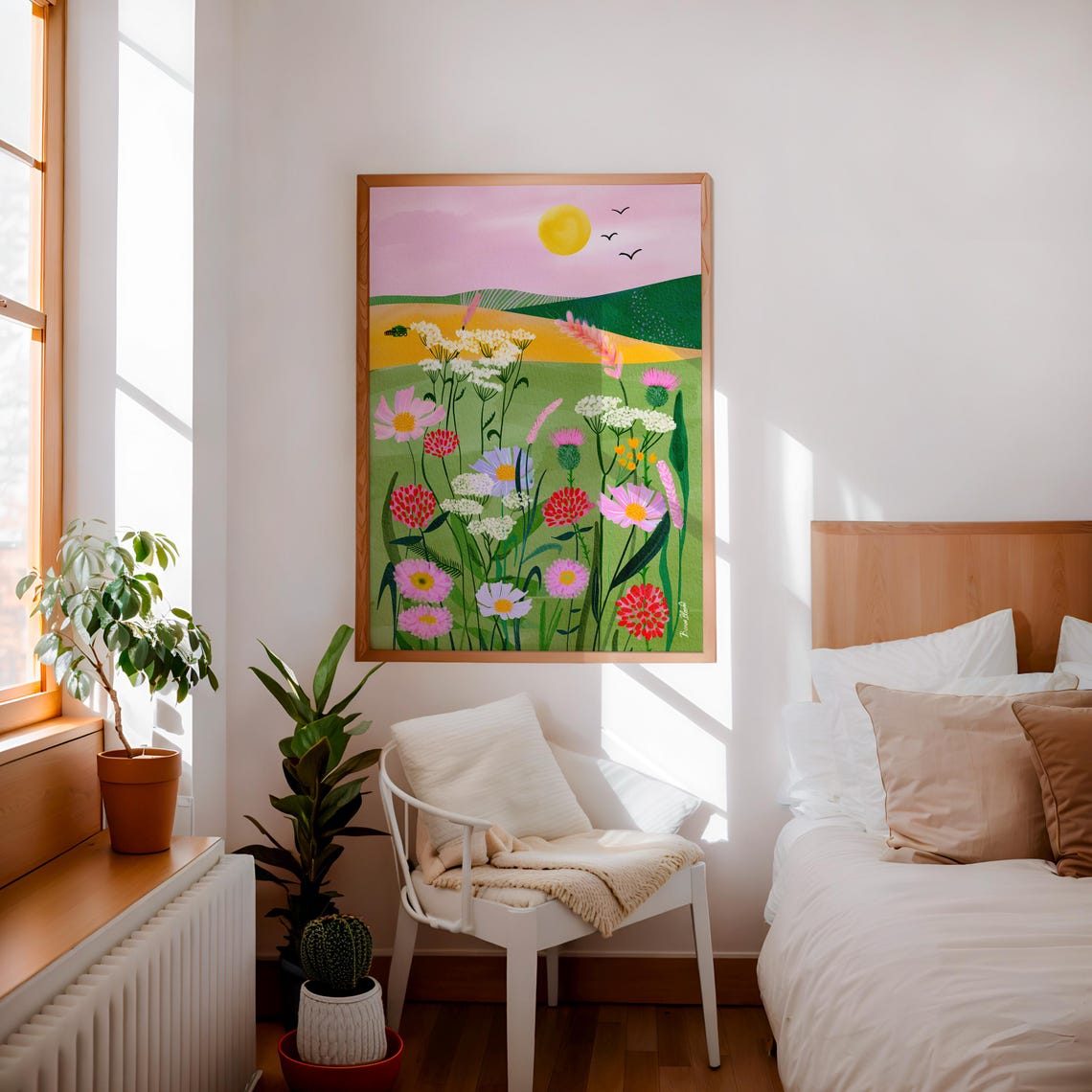 Whimsical Pink Meadow Wildflower Landscape Sunny Floral Art Poster - Image 3