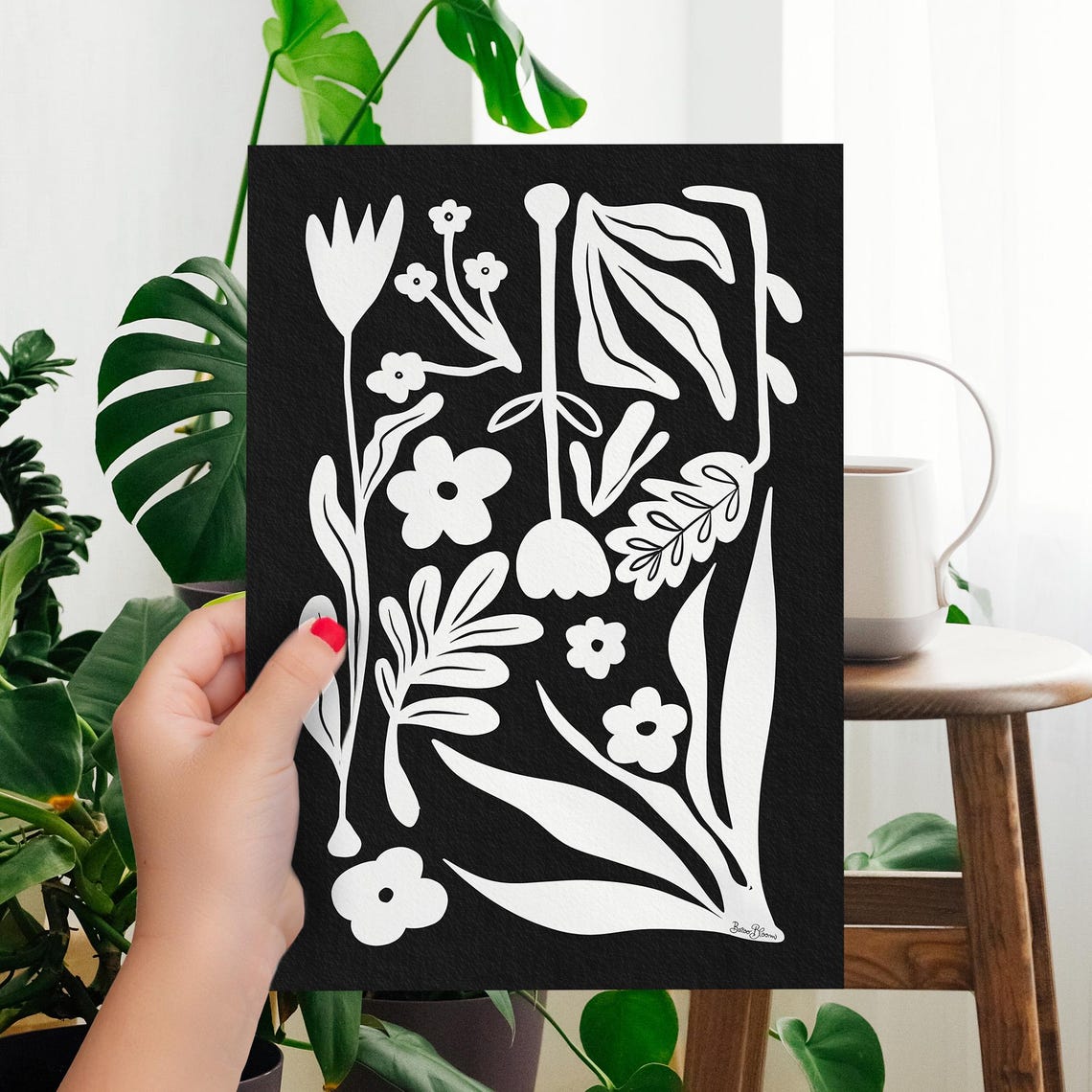 Modern Black And White Nordic Floral Cutout Botanical Art Poster - Image 6