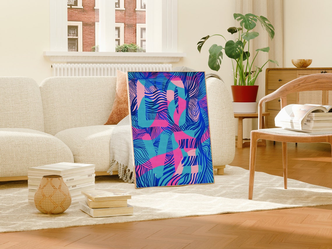 Colorful Love Typography Abstract Pink Blue Maximalist Art Poster - Image 3