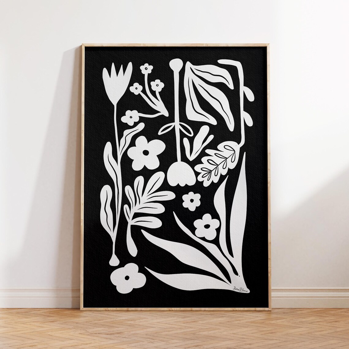 Modern Black And White Nordic Floral Cutout Botanical Art Poster