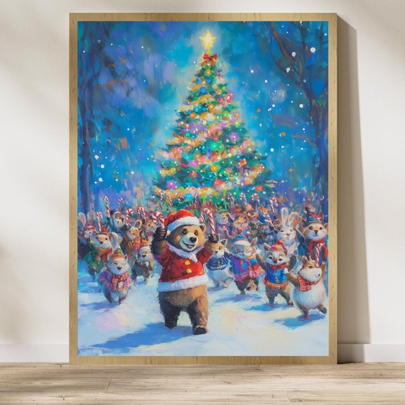 Cute Animal Christmas Parade Art Christmas Wall Art With Bear Forest Animals Holiday Decor For Kids Kids Room Decor Festive Wall Art