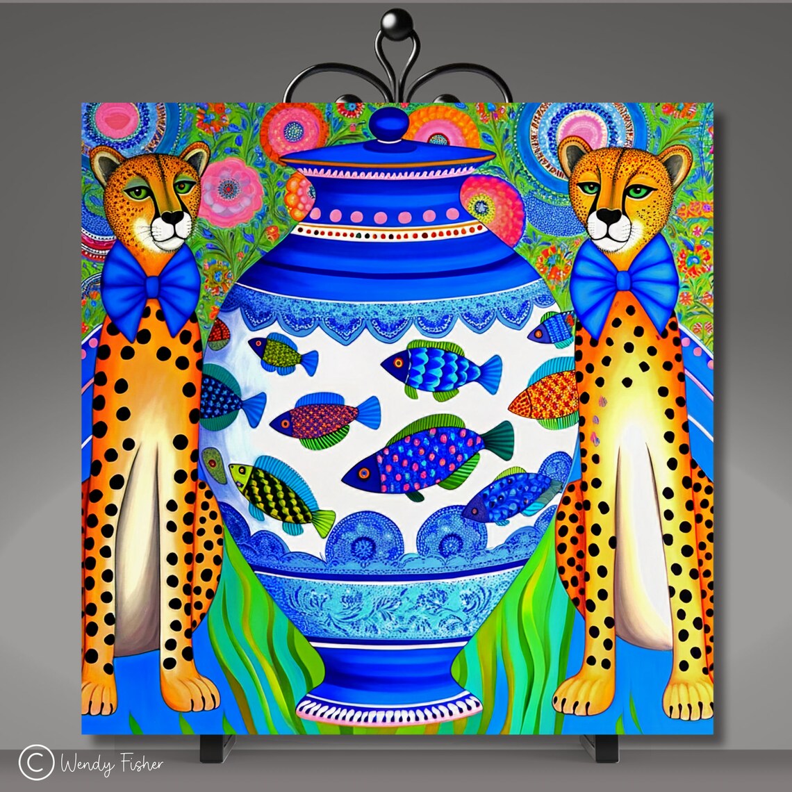 Cheetah Pair And Fish Ginger Jar Folk Art Ceramic Tile Wall Art - Image 5