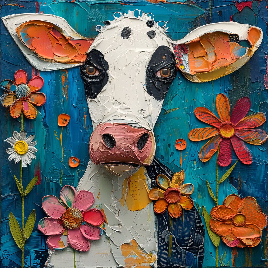 Black And White Cow Folk Art Kitchen Wall Art Print - Image 3