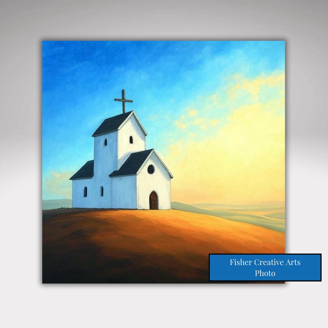 Little White Church on Golden Hill Glowing at Sunrise Wall Art