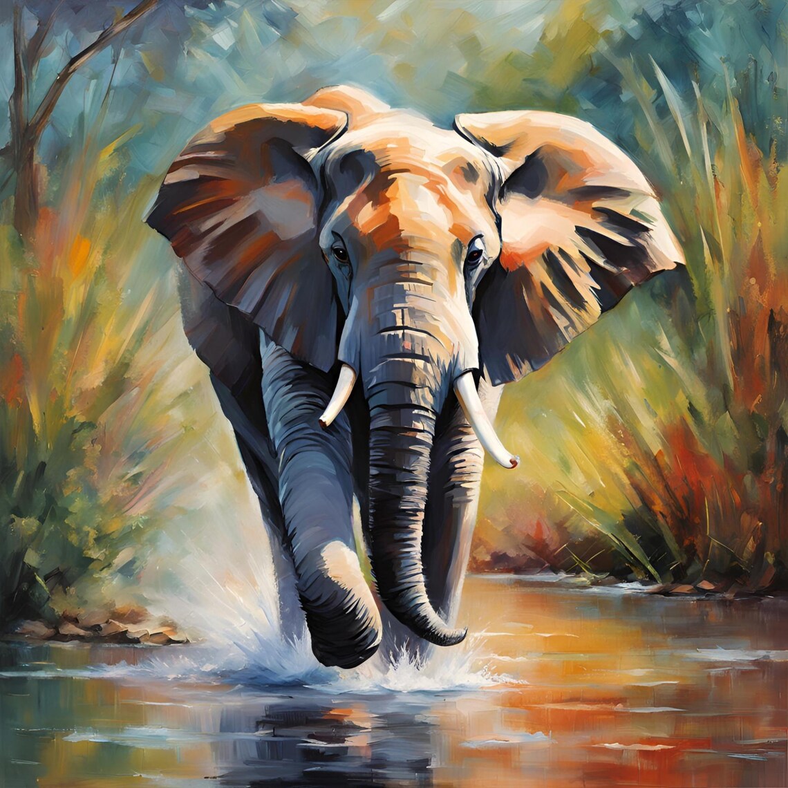 African Elephant Crossing River Wildlife Oil Painting Wall Art - Image 4