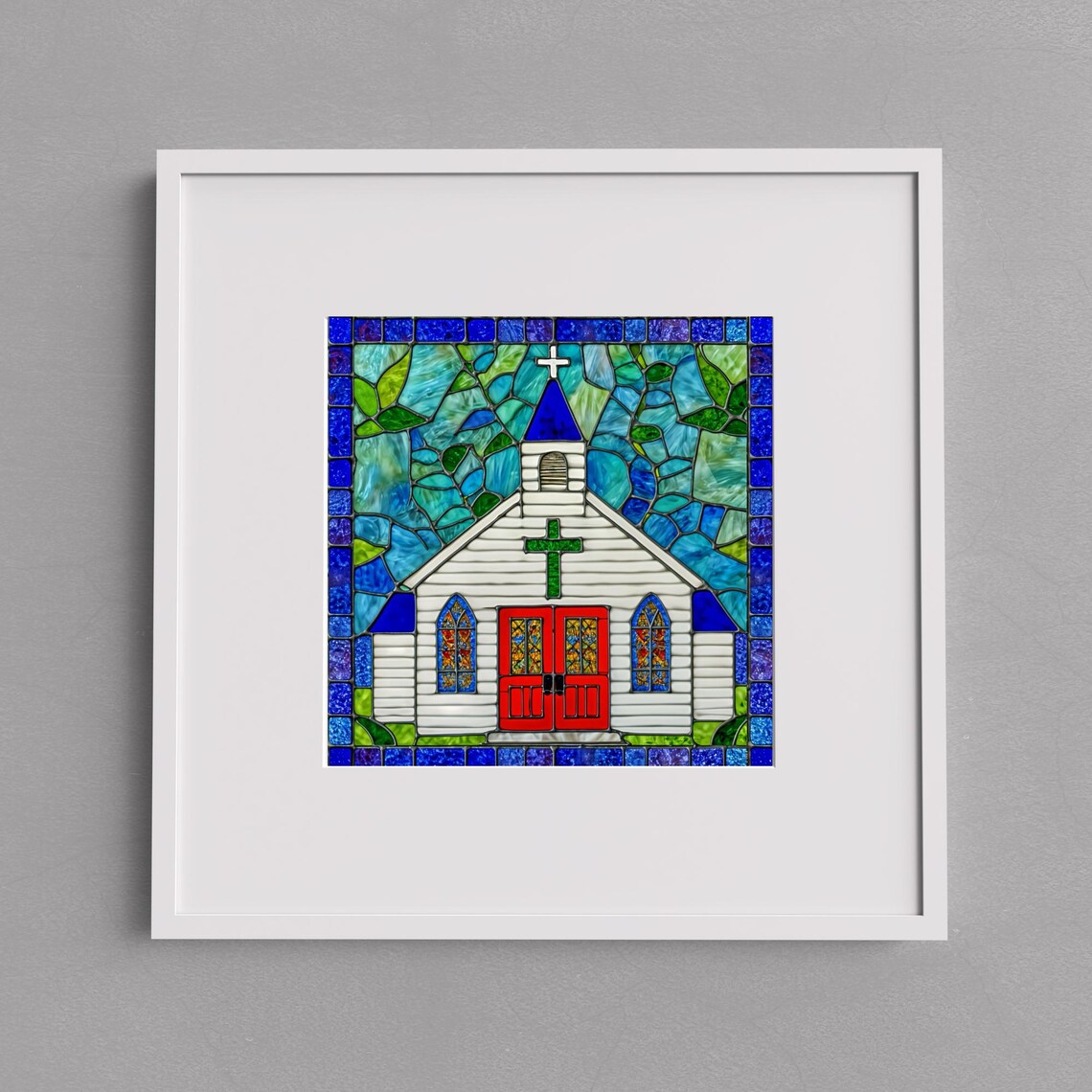 Country Church Stained Glass Style White Chapel Red Doors Wall Art - Image 3