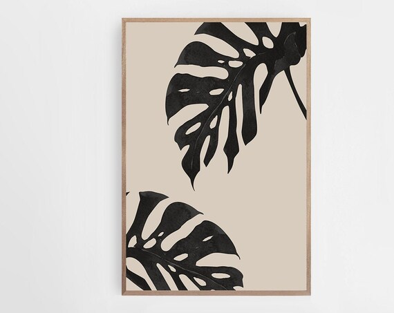 Black Monstera Leaf Print Tropical Wall Art Black Beige Palm Print Modern Wall Art Abstract Wall Art Minimalist Print