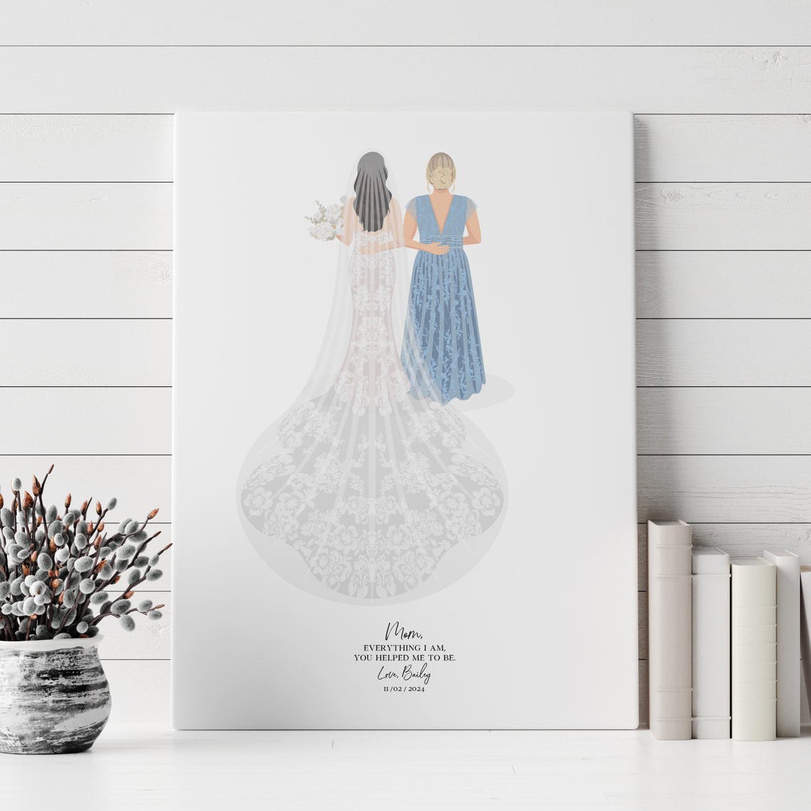 Bride With Mom in Gray Gown Back View Wedding Tribute Poster - Image 2