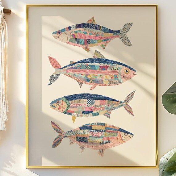 Four Patchwork Fish Folk Art Poster with Colorful Patterned Sea Life