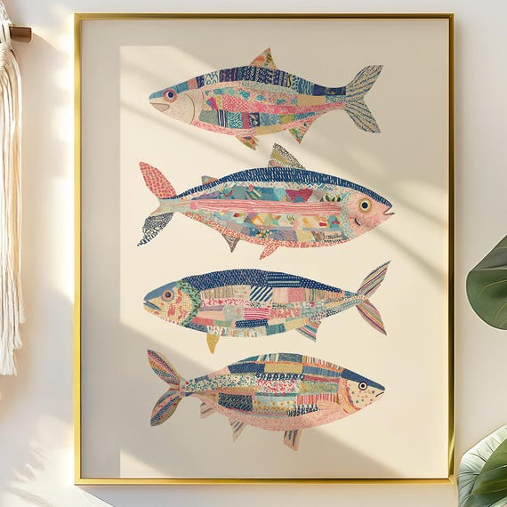 Whimsical Patchwork Sardines Art Print Colorful Coastal Wall Collage Fish Illustration For Kitchen Or Gallery