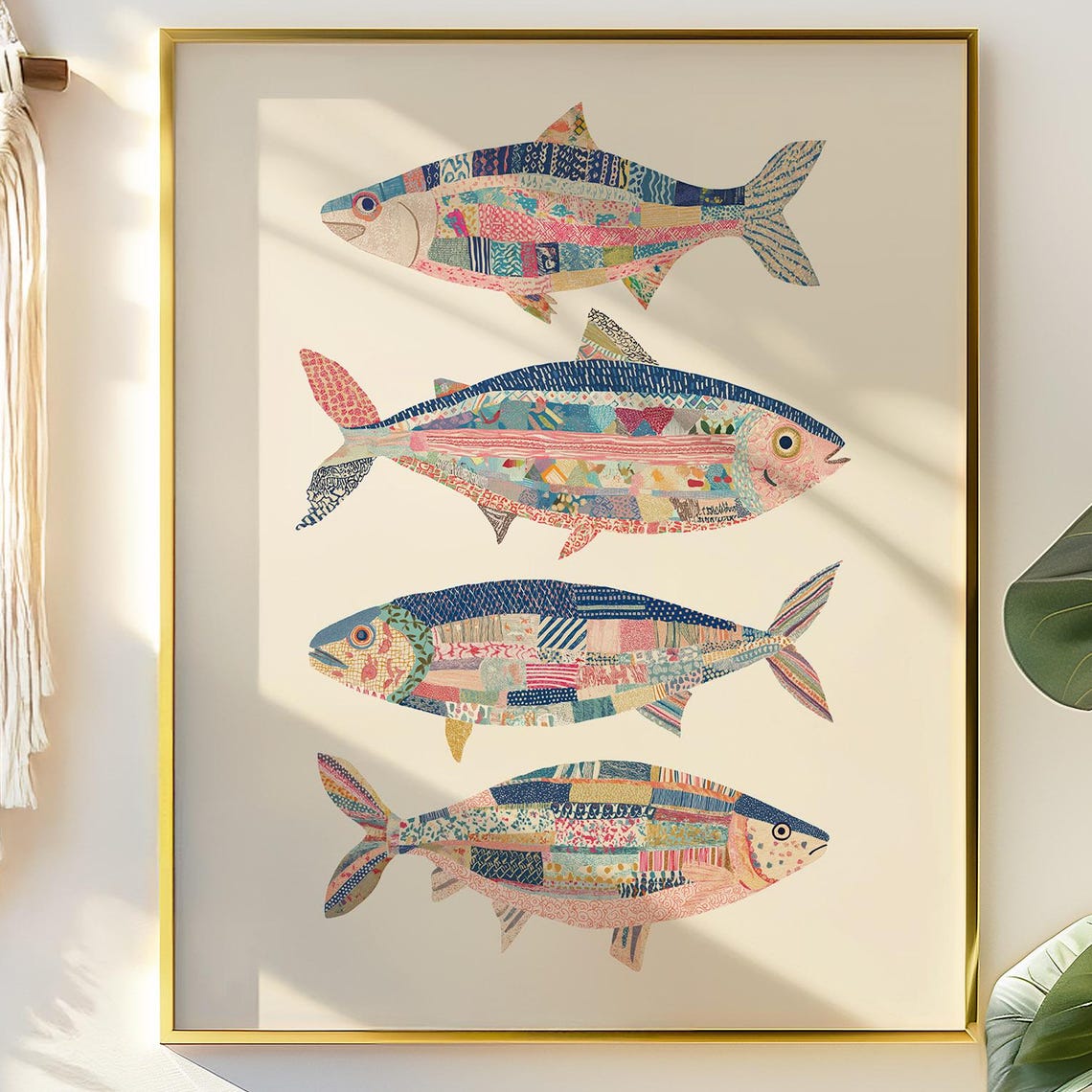 Four Patchwork Fish Folk Art Poster with Colorful Patterned Sea Life