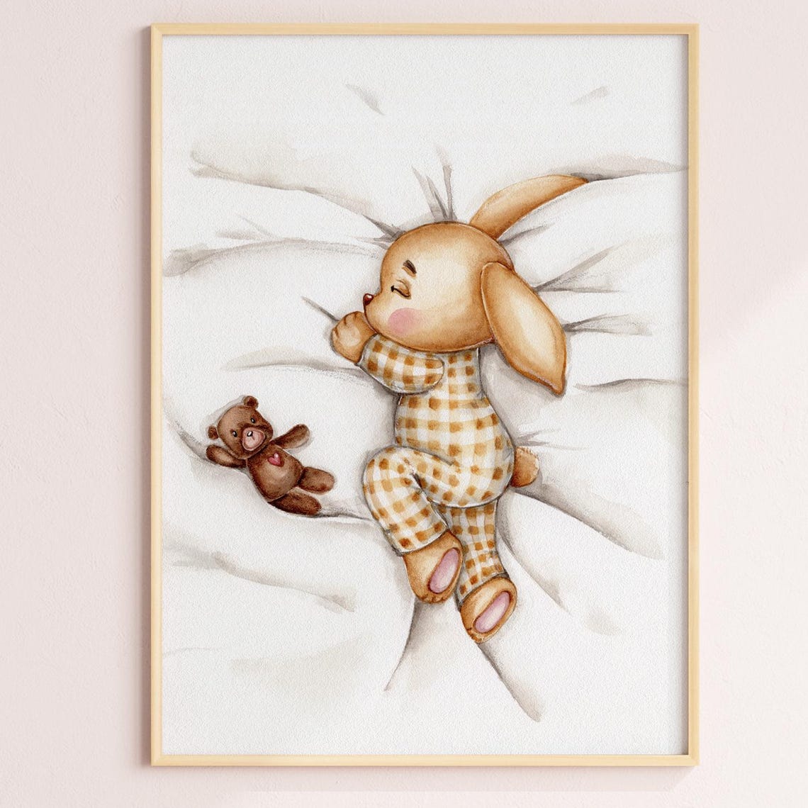 Sleeping Bunny In Pajamas With Teddy Bear Nursery Watercolor Poster