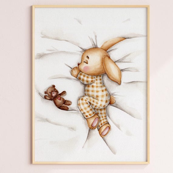 Nursery Poster Of A Sleeping Bunny With Teddy Bear Toy Wall Art Kid And Baby Newborn Mom Gift