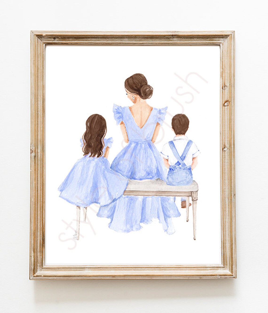 Mother Daughter and Son in Blue Outfits Sitting on a Bench Poster - Image 2