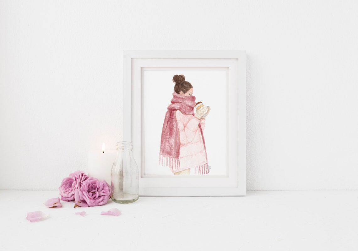 Big Scarf Fashion Illustration Pink Scarf Illustration Winter Fashion Girl Art - Image 2