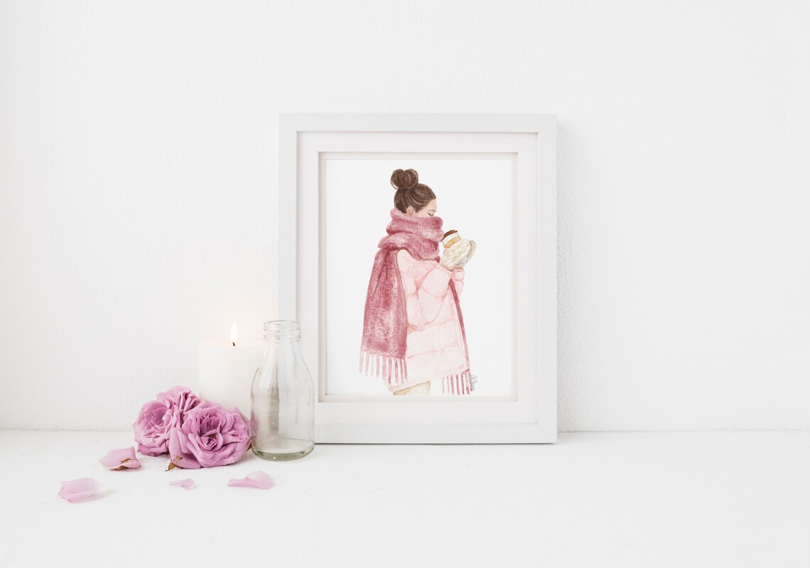 Winter Fashion Illustration Girl with Big Pink Scarf Coffee Poster - Image 2