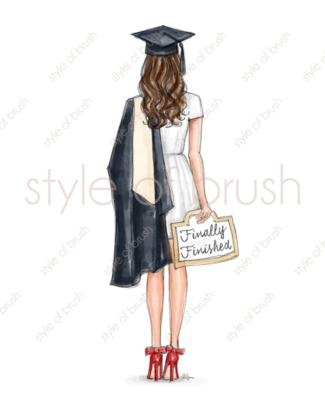 Brunette Graduate Holding Finally Finished Sign Watercolor Poster - Image 2