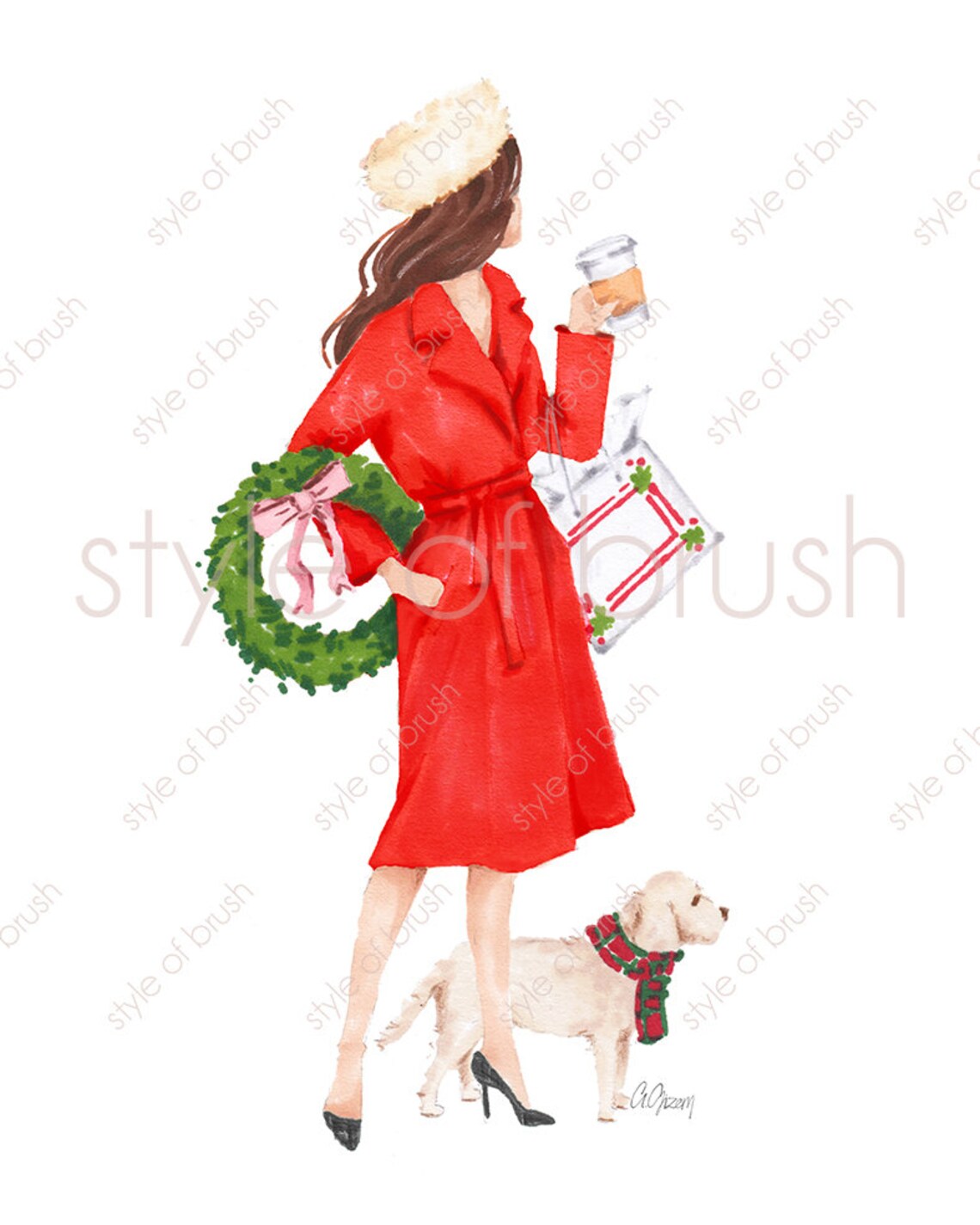 Christmas Girl in Red Coat Holding Wreath with White Dog Poster - Image 2