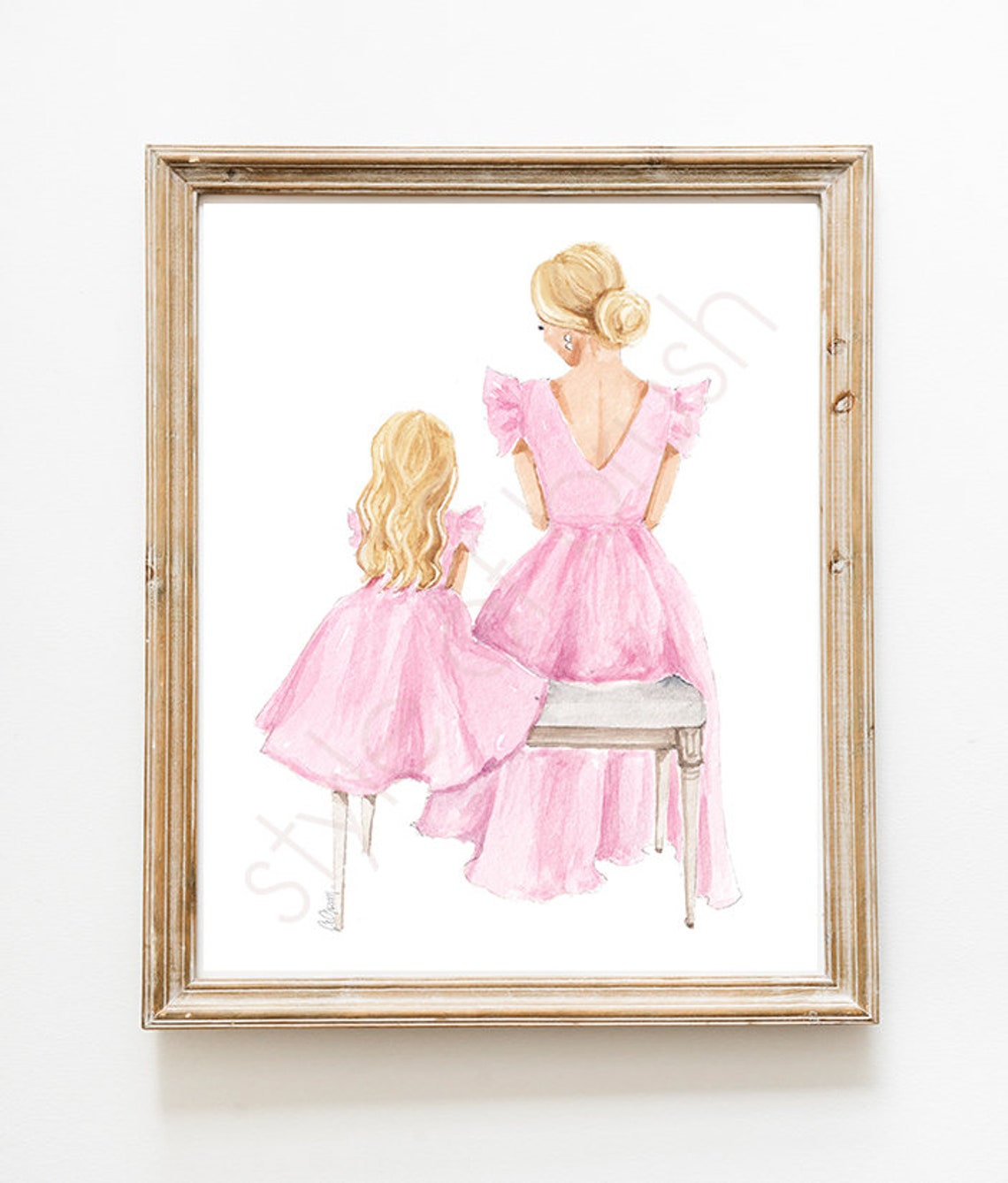 Blonde Mother and Daughter in Pink Ruffle Dresses Seated Poster - Image 2