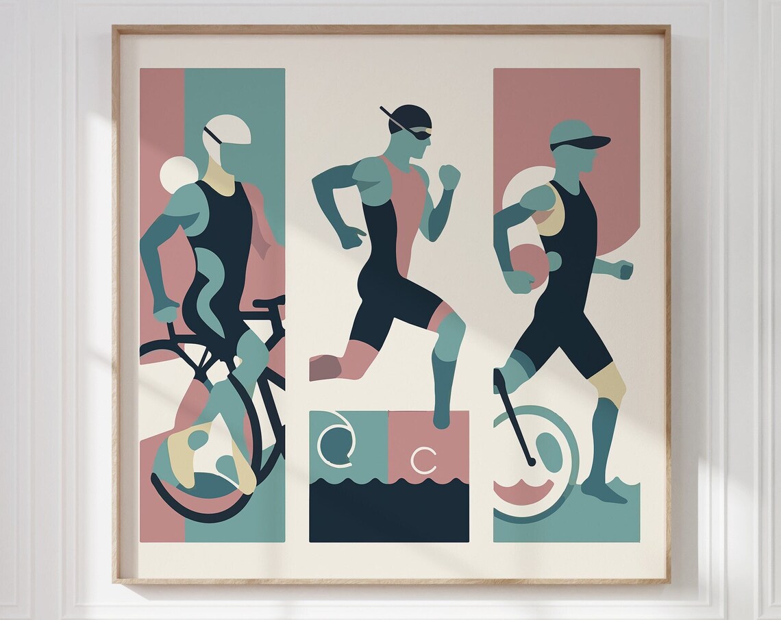 Triathlon Swim Bike Run Three Panel Geometric Colorful Sports Wall Art