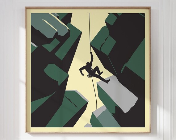 Rock Climber Between Cliffs Rope Geometric Green Adventure Sports Wall Art