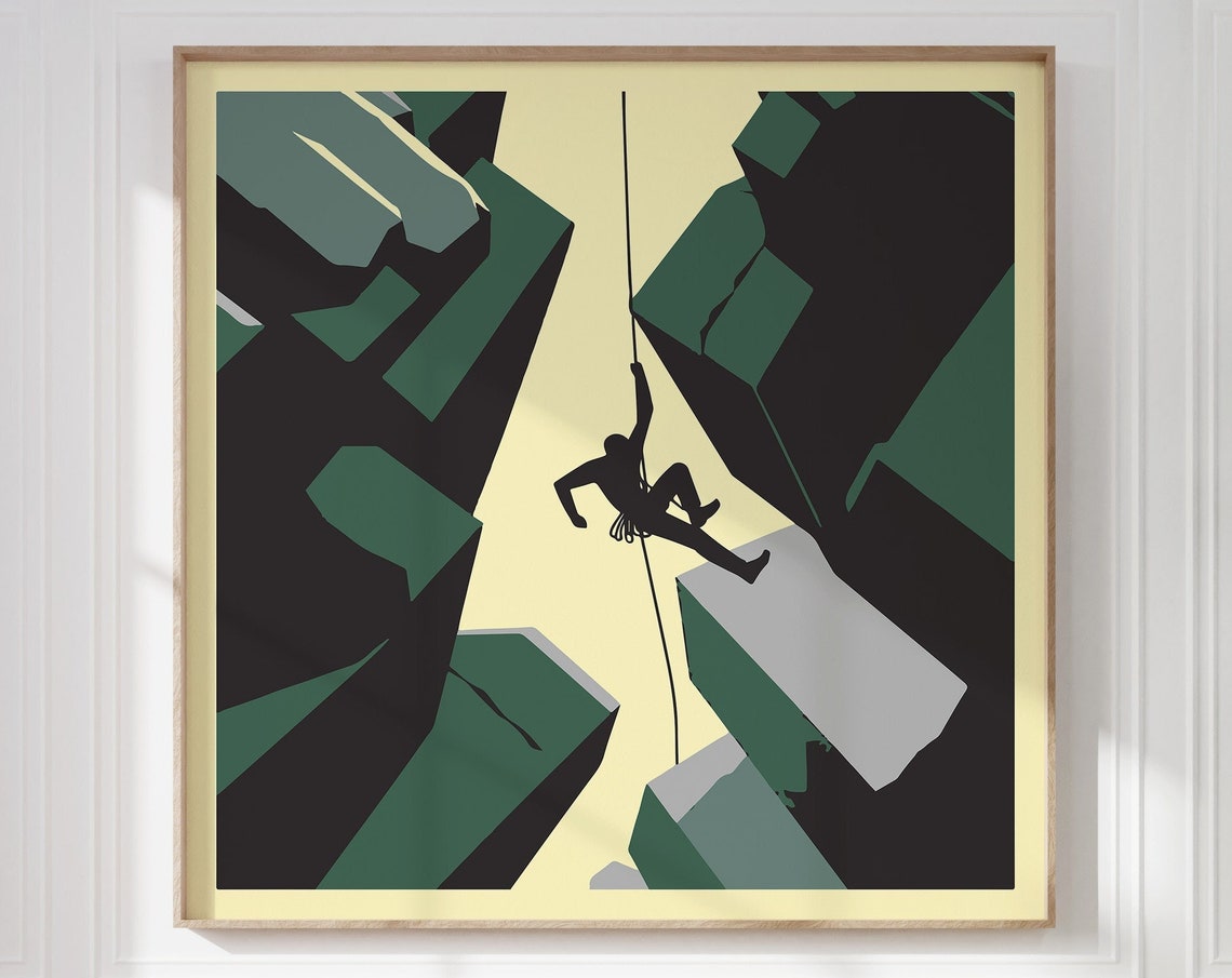 Rock Climber Between Cliffs Rope Geometric Green Adventure Sports Wall Art
