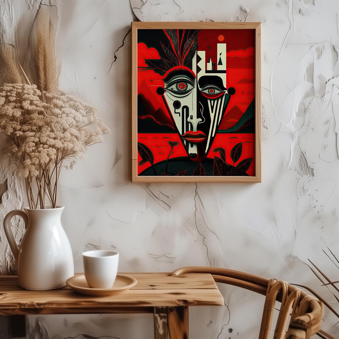 Surrealist Geometric Red Black Face Futuristic Cubist Mask Art Poster - Image 5