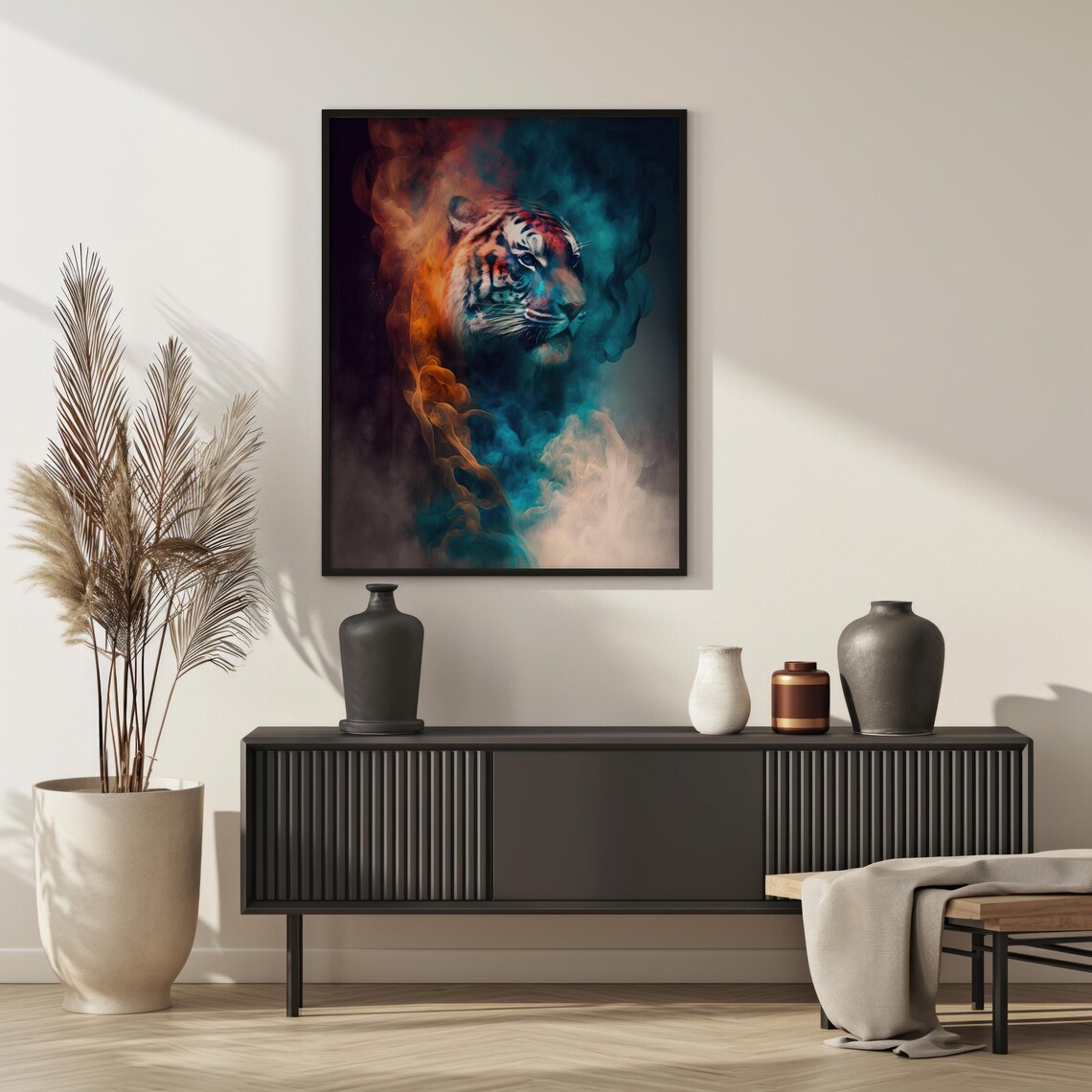 Tiger Head In Colorful Smoke Teal Orange Surreal Animal Art Poster - Image 6